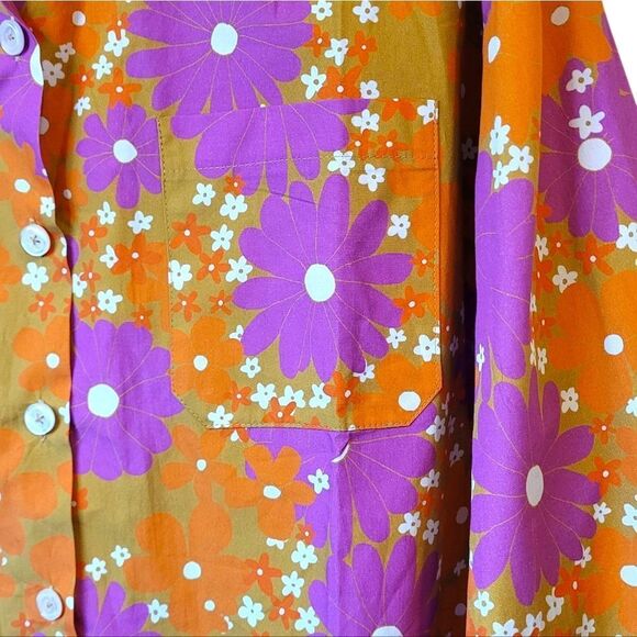 Balou Women's Marie Cotton Orange Vibrant Retro Floral Button Front Shirt Size S - Picture 5 of 5